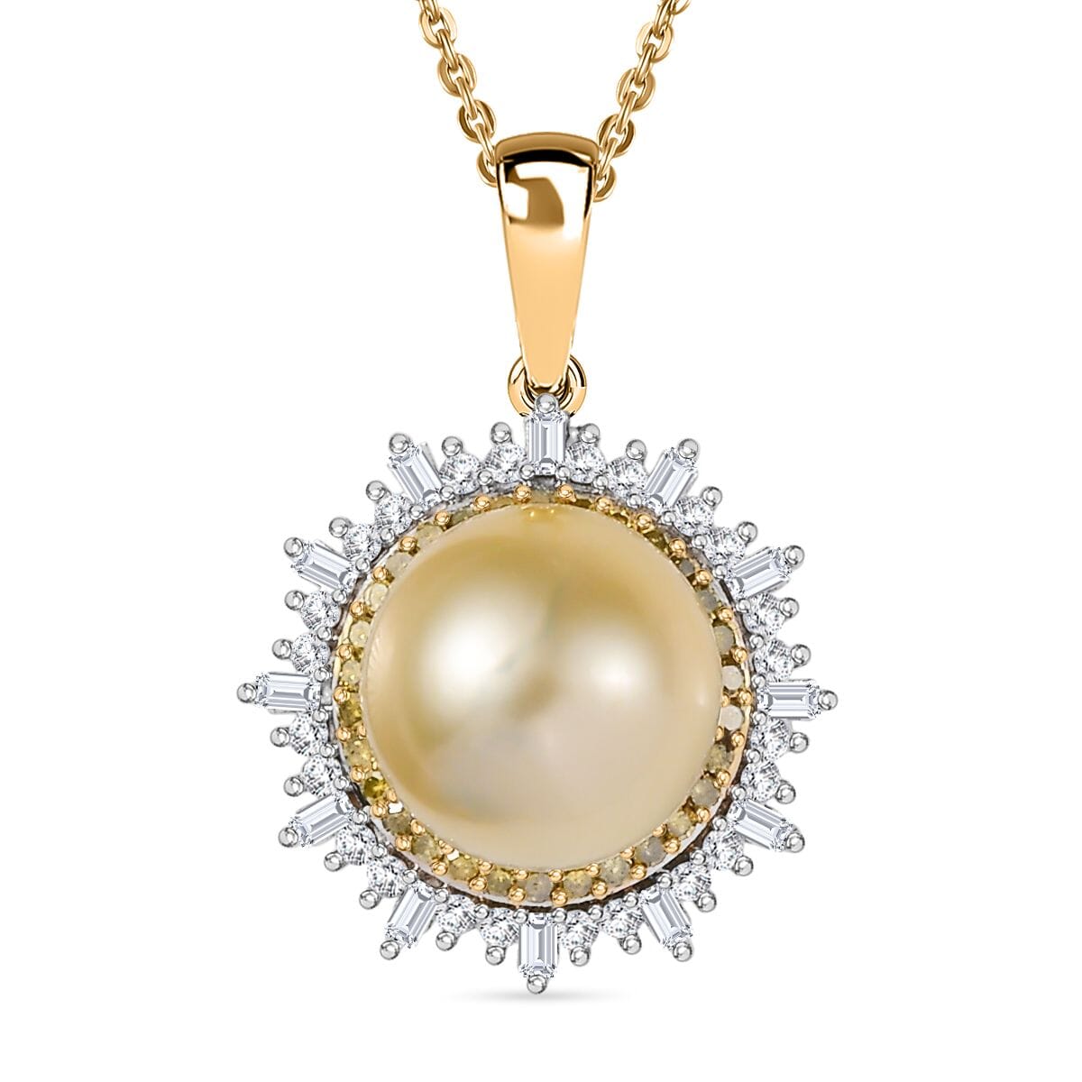 D'Joy Golden South Sea Pearl, Natural Yellow and White Diamond 9.23 ctw Radiant Sunburst Pendant Necklace 20 Inches in 18K Vermeil Yellow Gold Over Sterling Silver image number 0