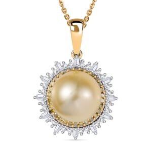 D'Joy Golden South Sea Pearl, Natural Yellow and White Diamond 9.23 ctw Radiant Sunburst Pendant Necklace 20 Inches in 18K Vermeil Yellow Gold Over Sterling Silver