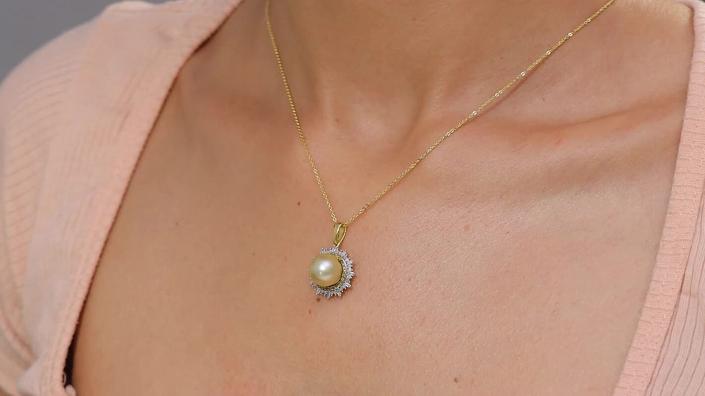 D'Joy Golden South Sea Pearl, Natural Yellow and White Diamond 0.48 ctw Radiant Sunburst Pendant Necklace 20 Inches in 18K Vermeil Yellow Gold Over Sterling Silver