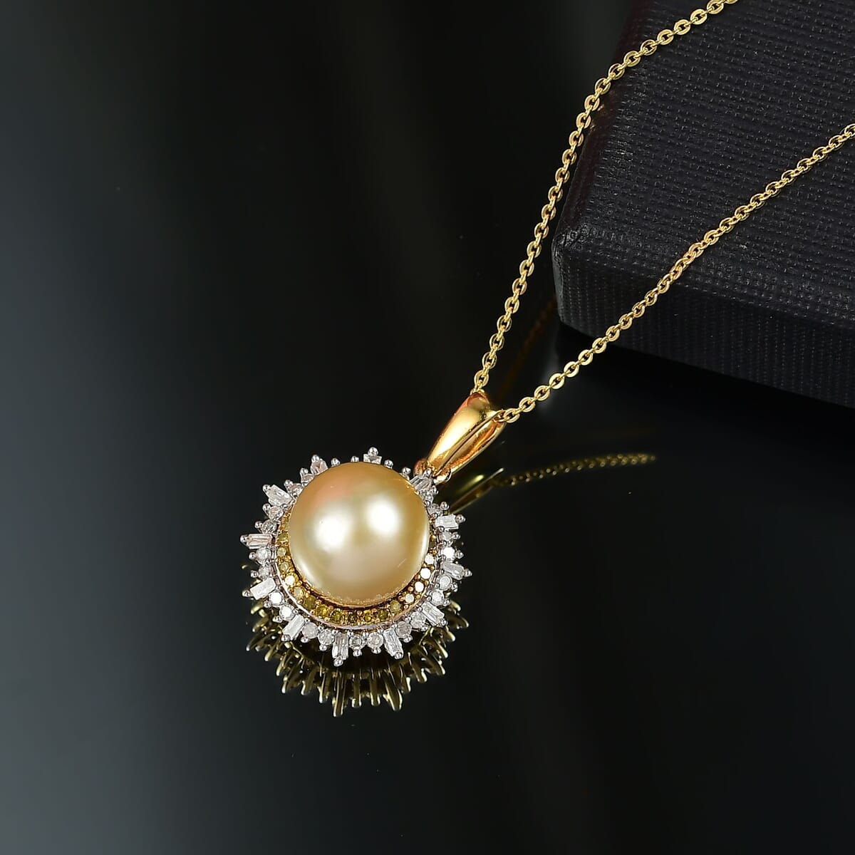 D'Joy Golden South Sea Pearl, Natural Yellow and White Diamond 9.23 ctw Radiant Sunburst Pendant Necklace 20 Inches in 18K Vermeil Yellow Gold Over Sterling Silver image number 1