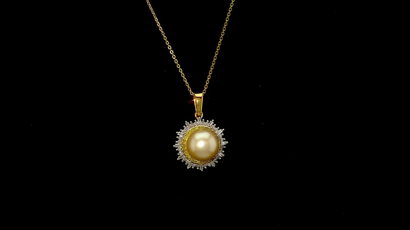 D'Joy Golden South Sea Pearl, Natural Yellow and White Diamond 0.48 ctw Radiant Sunburst Pendant Necklace 20 Inches in 18K Vermeil Yellow Gold Over Sterling Silver