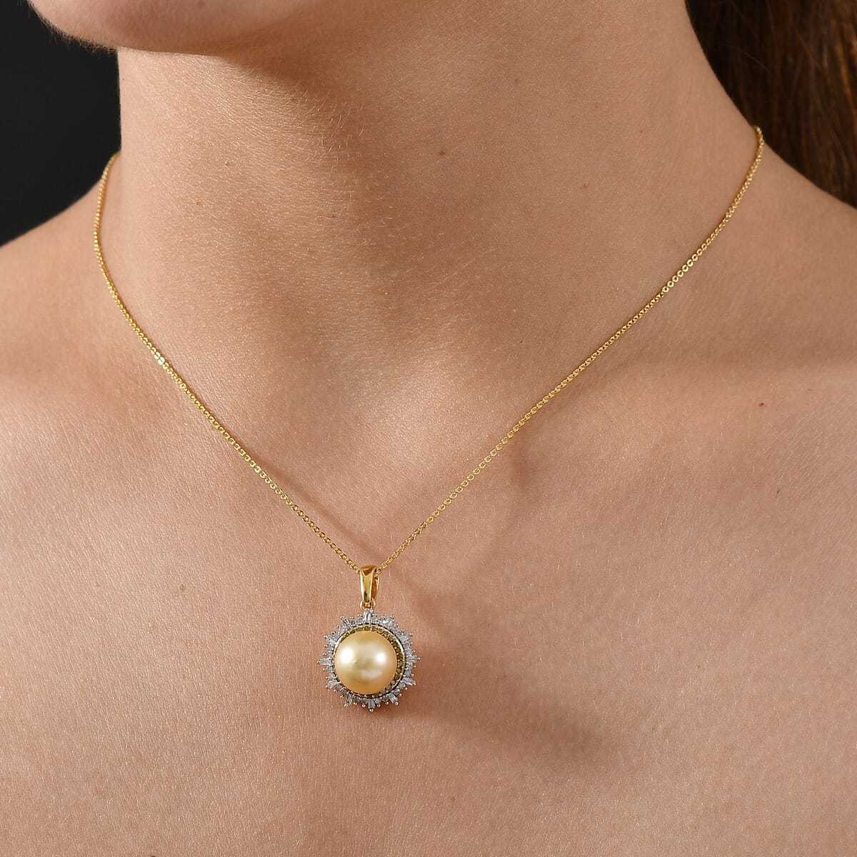 D'Joy Golden South Sea Pearl, Natural Yellow and White Diamond 9.23 ctw Radiant Sunburst Pendant Necklace 20 Inches in 18K Vermeil Yellow Gold Over Sterling Silver image number 2