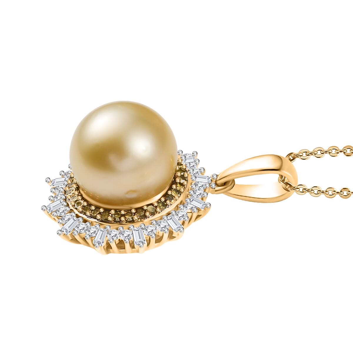 D'Joy Golden South Sea Pearl, Natural Yellow and White Diamond 9.23 ctw Radiant Sunburst Pendant Necklace 20 Inches in 18K Vermeil Yellow Gold Over Sterling Silver image number 3