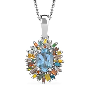 D'Joy Santa Maria Aquamarine and Multi Diamond 1.00 ctw Ocean Fire Pendant Necklace 20 Inches in Rhodium Over Sterling Silver