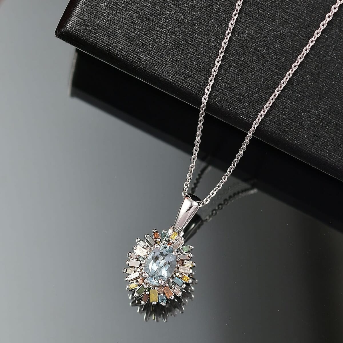 D'Joy Santa Maria Aquamarine and Multi Diamond 1.00 ctw Ocean Fire Pendant Necklace 20 Inches in Rhodium Over Sterling Silver image number 1
