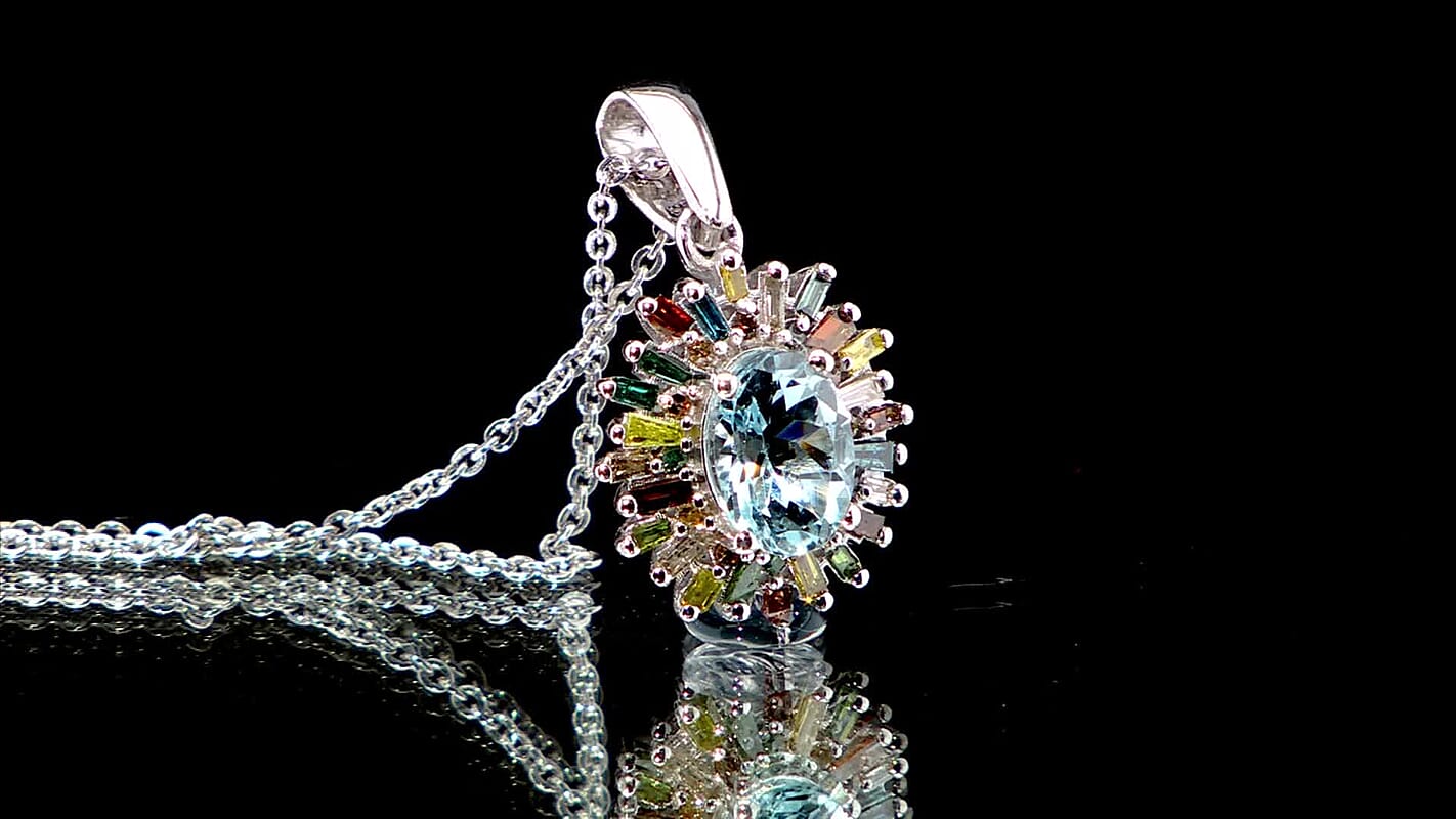 D'Joy Santa Maria Aquamarine and Multi Diamond 1.00 ctw Ocean Fire Pendant Necklace 20 Inches in Rhodium Over Sterling Silver
