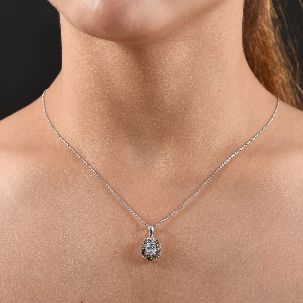 D'Joy Santa Maria Aquamarine and Multi Diamond 1.00 ctw Ocean Fire Pendant Necklace 20 Inches in Rhodium Over Sterling Silver image number 2