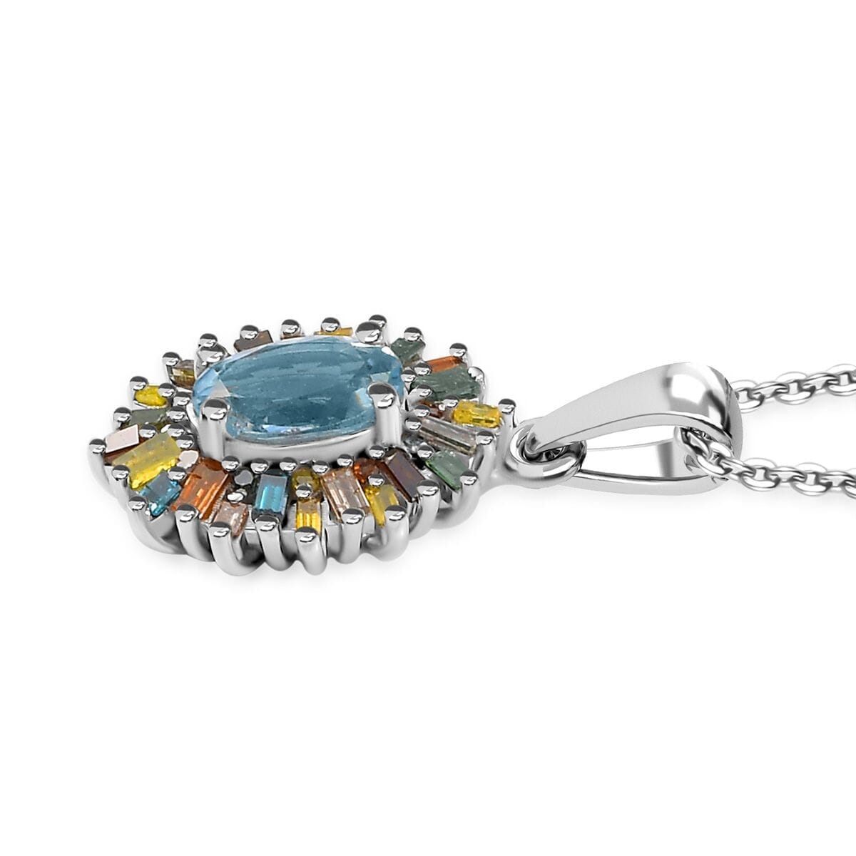 D'Joy Santa Maria Aquamarine and Multi Diamond 1.00 ctw Ocean Fire Pendant Necklace 20 Inches in Rhodium Over Sterling Silver image number 3