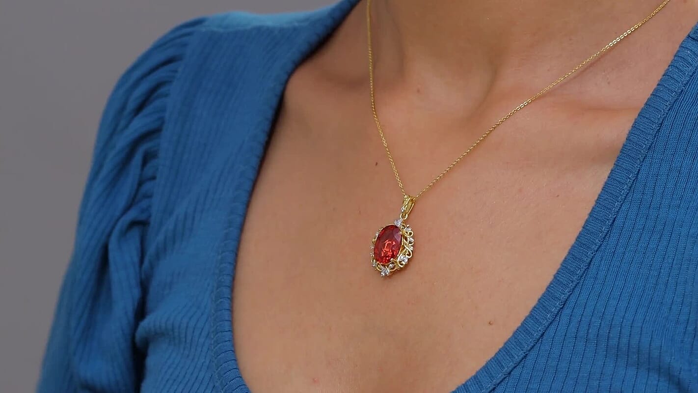 D'Joy Lab Created Padparadscha Sapphire and White Zircon 8.80 ctw Pendant Necklace 20 Inches in 18K Vermeil Yellow Gold Over Sterling Silver