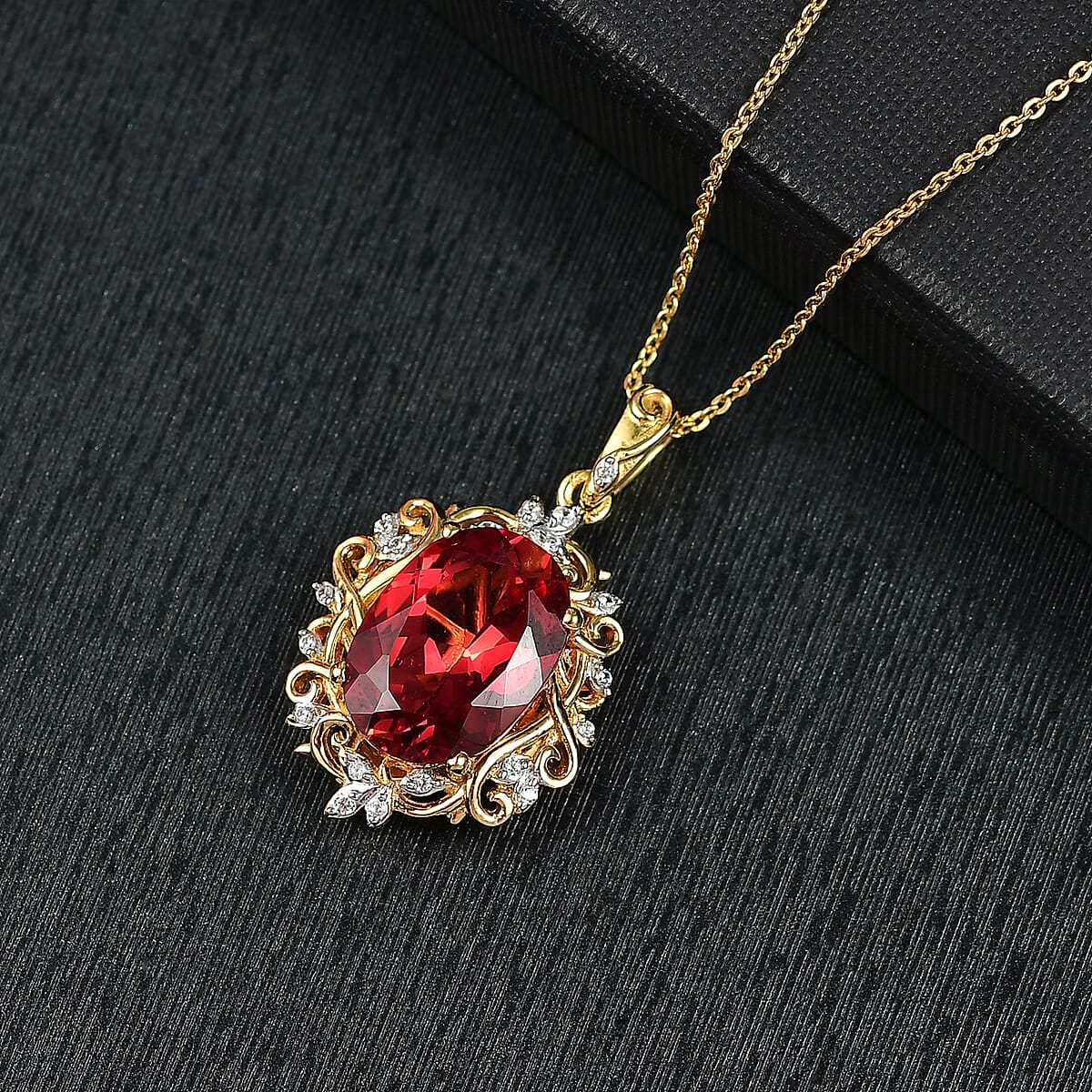 D'Joy Lab Created Padparadscha Sapphire and White Zircon 8.80 ctw Pendant Necklace 20 Inches in 18K Vermeil Yellow Gold Over Sterling Silver image number 1