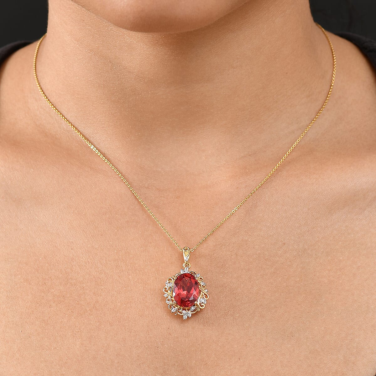 D'Joy Lab Created Padparadscha Sapphire and White Zircon 8.80 ctw Pendant Necklace 20 Inches in 18K Vermeil Yellow Gold Over Sterling Silver image number 2