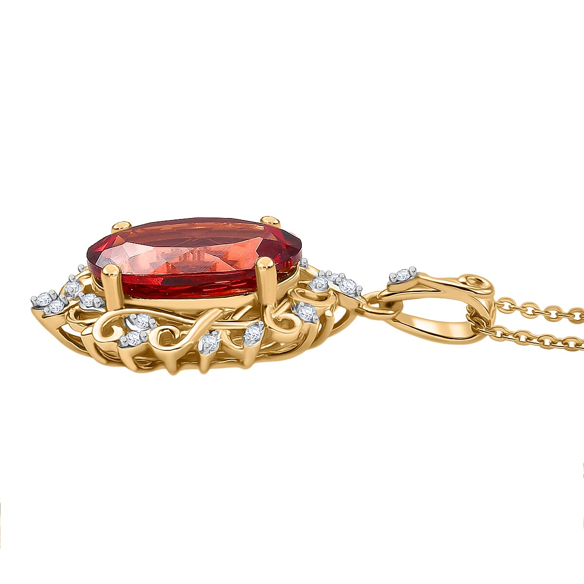 D'Joy Lab Created Padparadscha Sapphire and White Zircon 8.80 ctw Pendant Necklace 20 Inches in 18K Vermeil Yellow Gold Over Sterling Silver image number 3