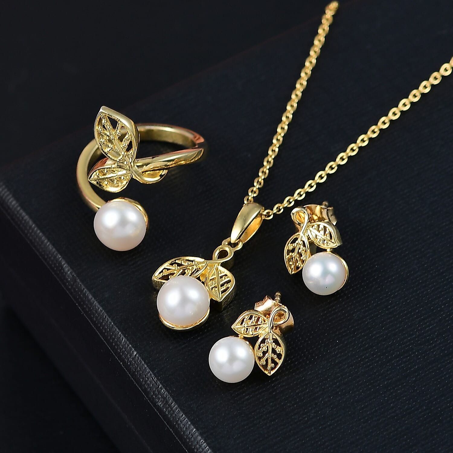 Freshwater Pearl Earrings, Ring (Size 8.0) and Pendant Necklace 20 Inches in ION Plated YG Stainless Steel 8.40 ctw