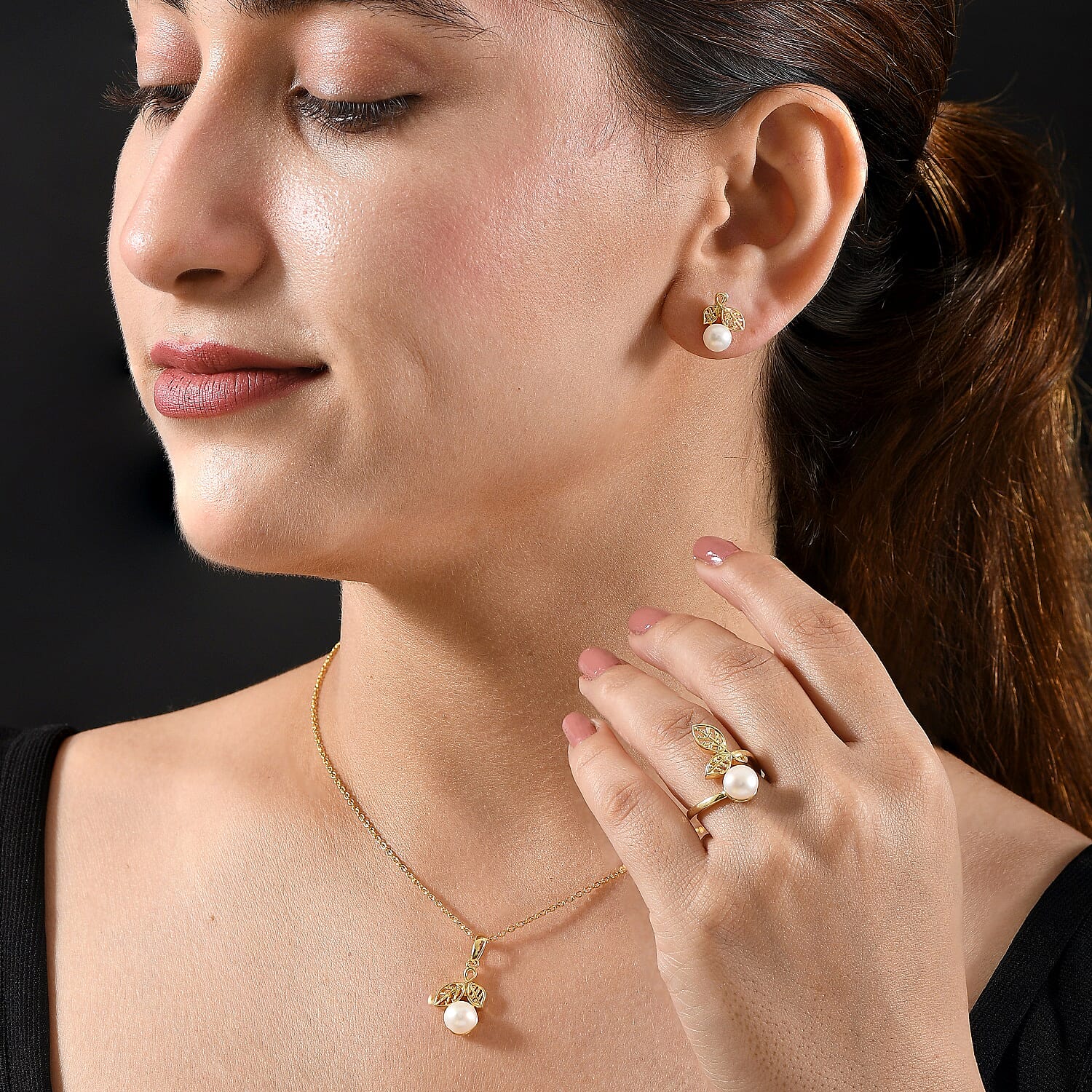 Freshwater Pearl Earrings, Ring (Size 8.0) and Pendant Necklace 20 Inches in ION Plated YG Stainless Steel 8.40 ctw