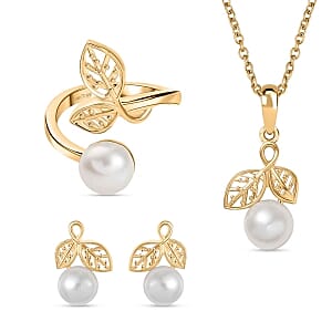 Fresh Water Pearl Earrings, Ring (Size 10), Pendant in 18K YG Plated with ION Plated YG Stainless Steel Necklace 20 Inches