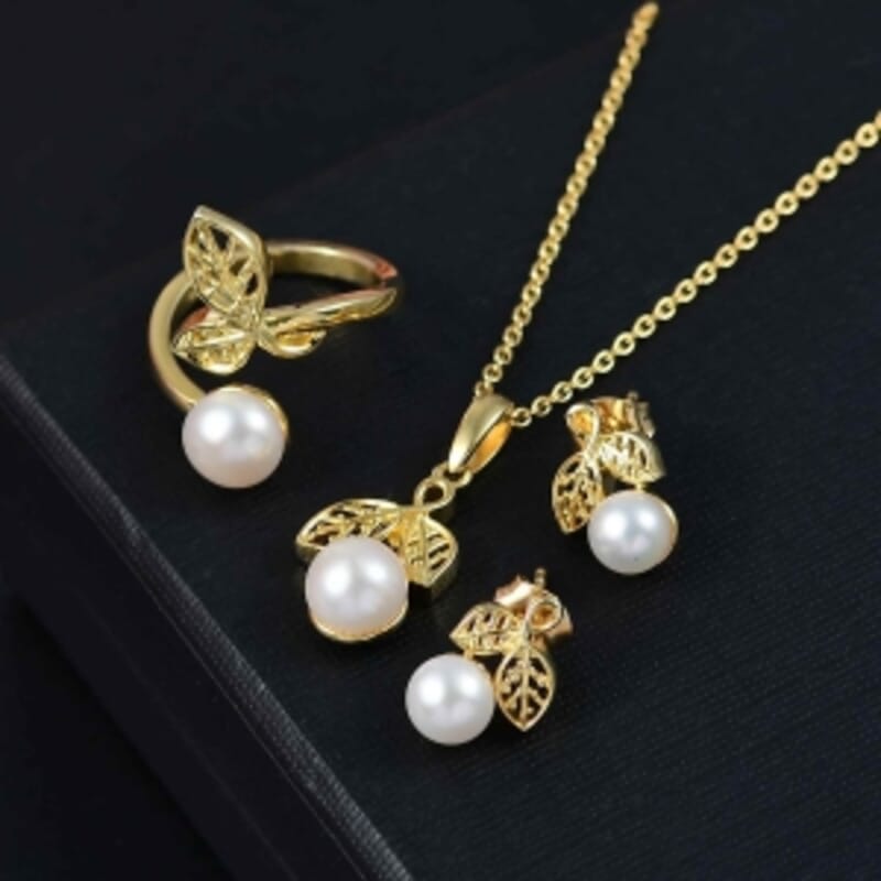 Fresh Water Pearl Earrings, Ring (Size 10), Pendant in 18K YG Plated with ION Plated YG Stainless Steel Necklace 20 Inches