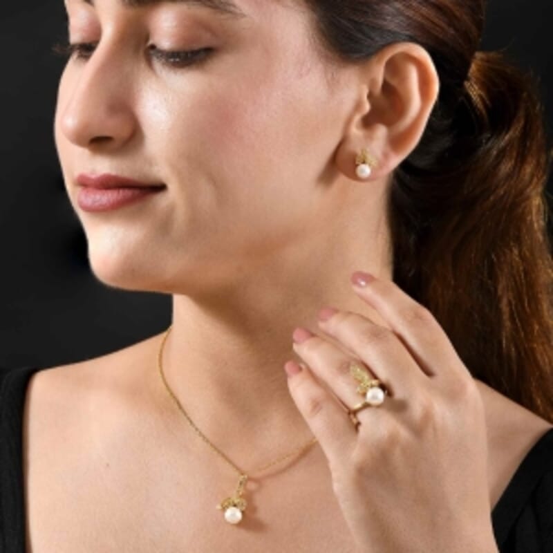 Fresh Water Pearl Earrings, Ring (Size 10), Pendant in 18K YG Plated with ION Plated YG Stainless Steel Necklace 20 Inches