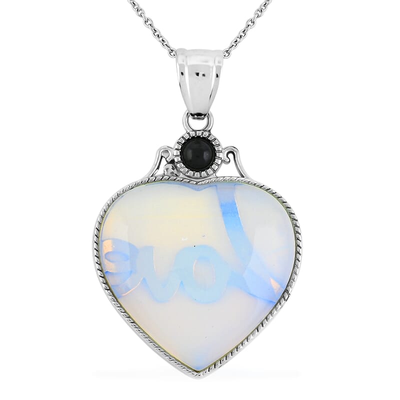 Opalite and Multi Gemstone 32.50 ctw Heart Pendant Necklace in Silvertone 20 Inches