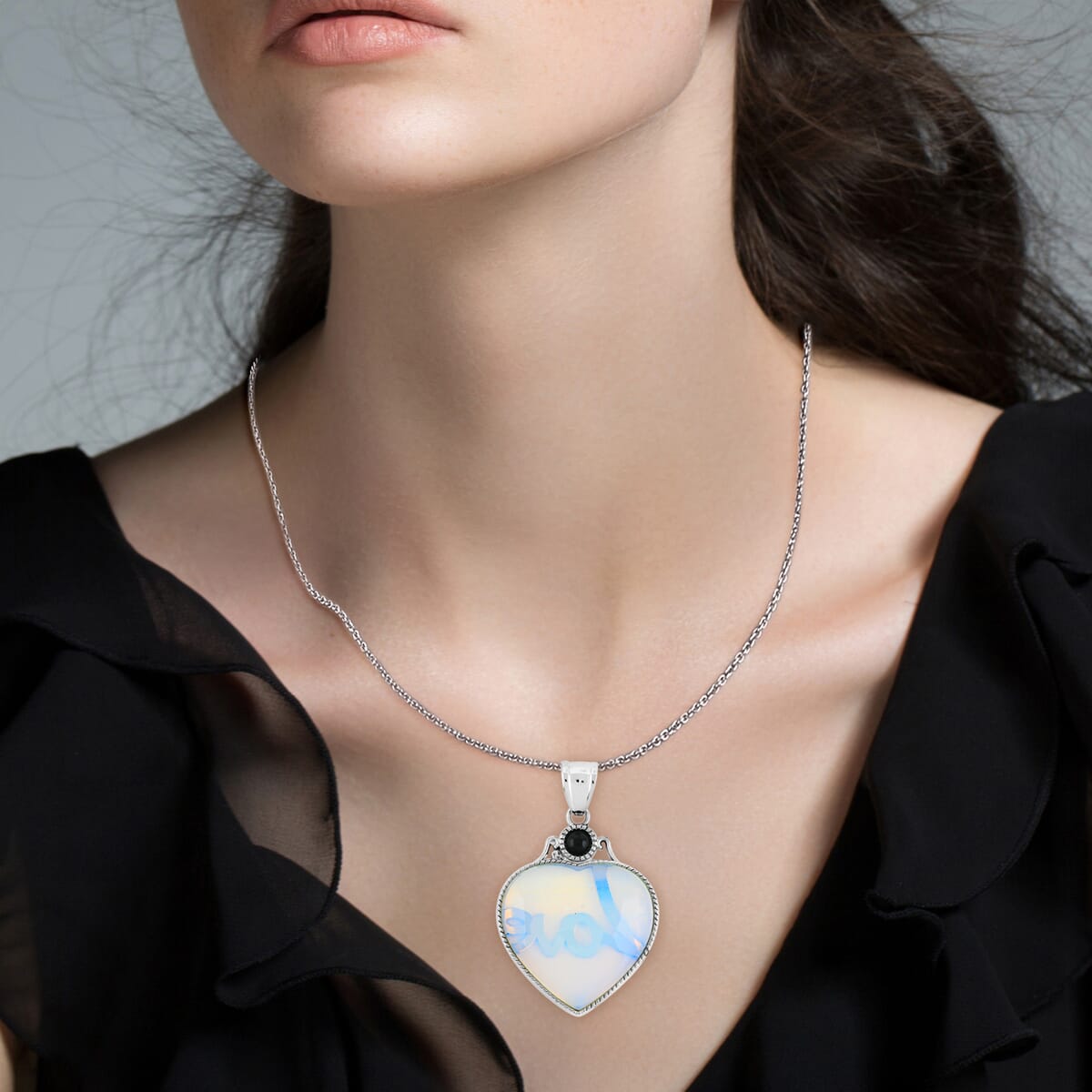 Opalite and Multi Gemstone 32.50 ctw Heart Pendant Necklace in Silvertone 20 Inches image number 2