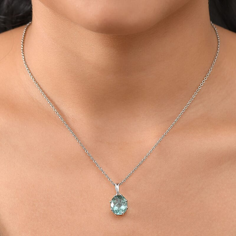 D'Joy Dean Teal Fluorite (IR) Art-Deco 5.50 ctw Aqua Crown Pendant Necklace in Platinum Over Sterling Silver 20 Inches