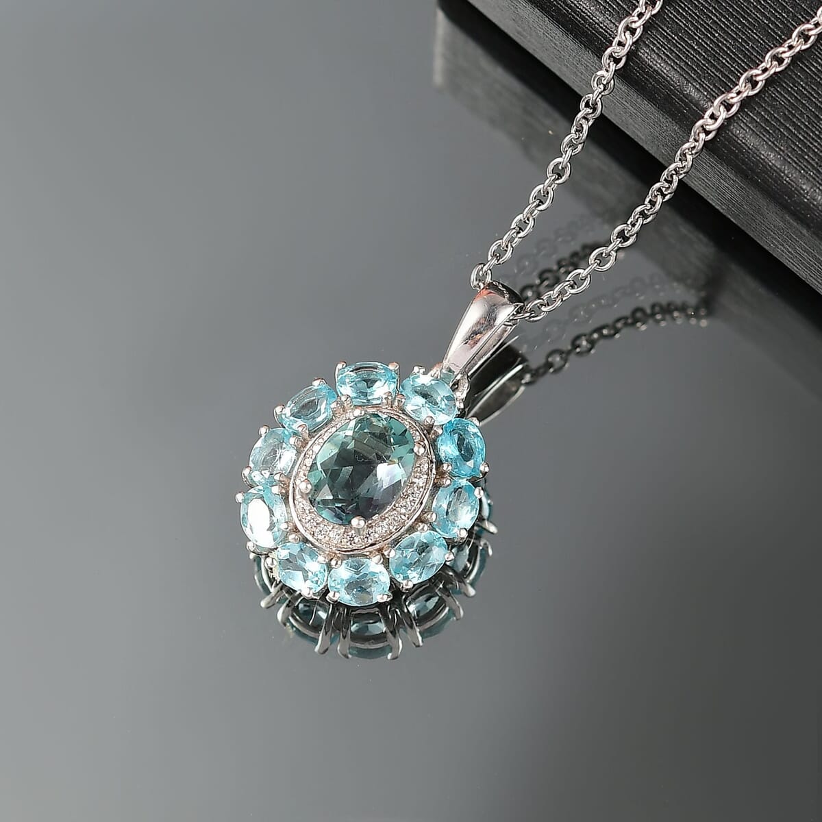 D'Joy Belgian Teal Fluorite and Multi Gemstone 3.60 ctw Pendant Necklace in Platinum Over Sterling Silver 20 Inches image number 1
