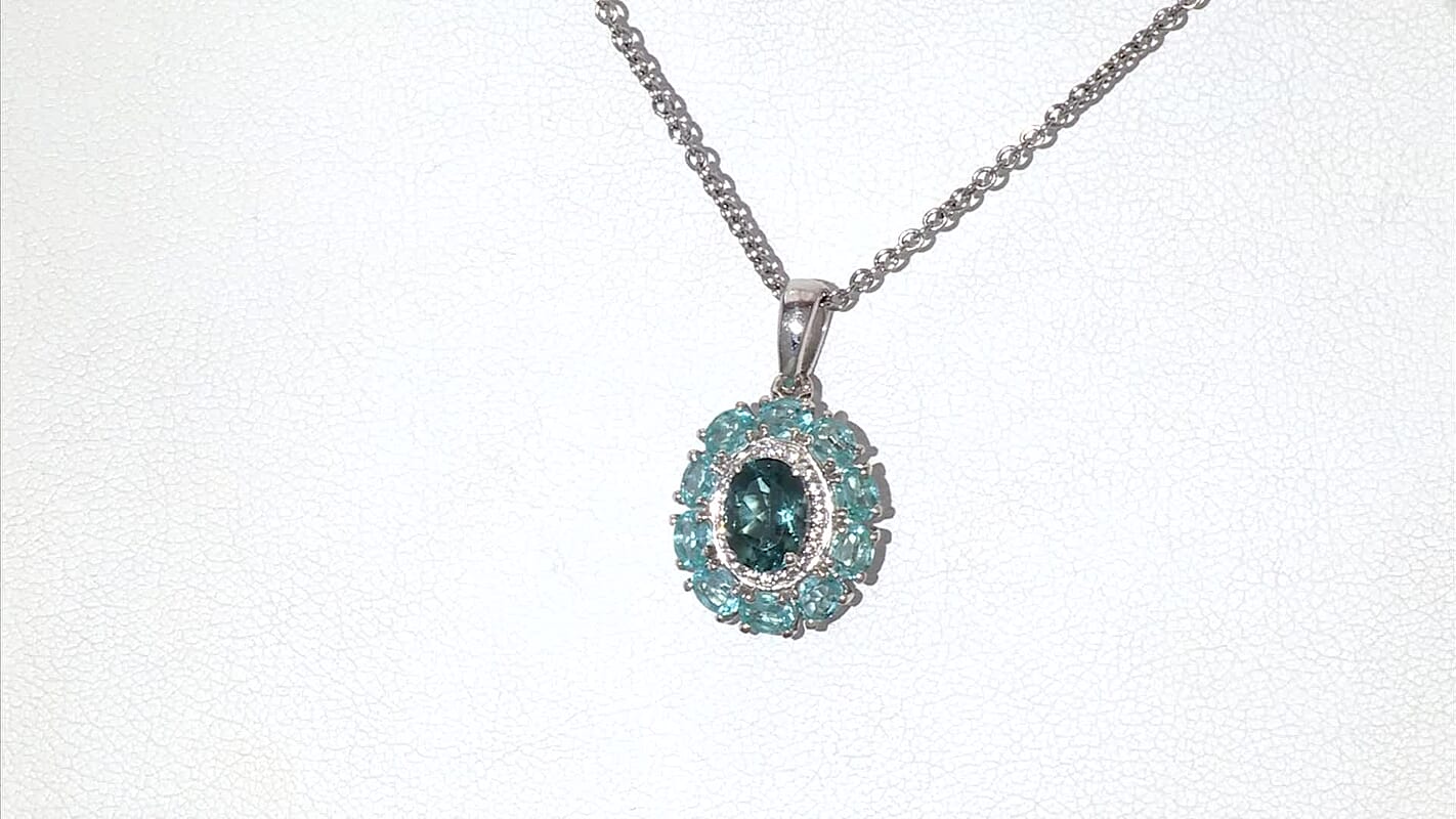 D'Joy Dean Teal Fluorite (IR) and Multi Gemstone 3.60 ctw Blue Anemone Flower Pendant Necklace in Platinum Over Sterling Silver 20 Inches