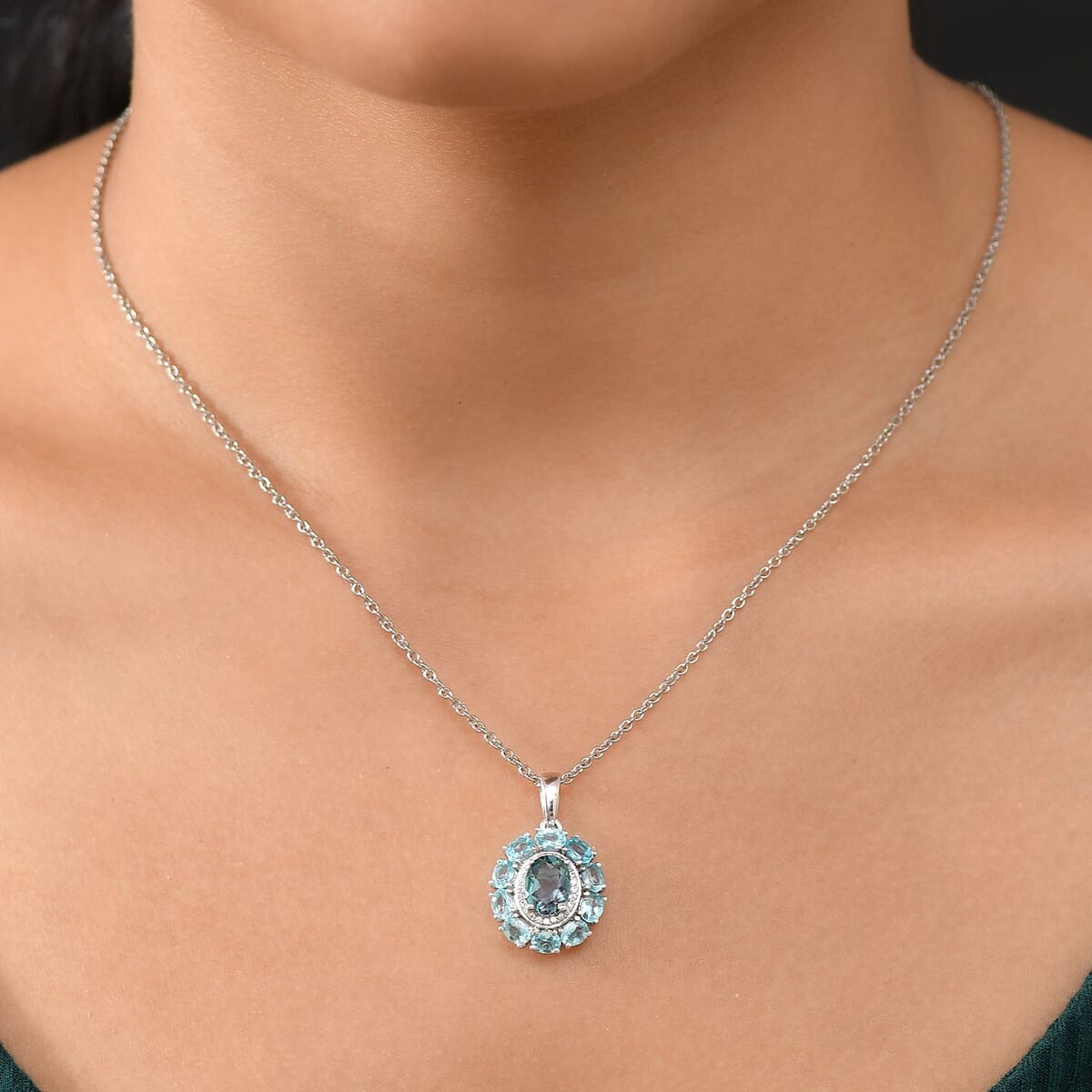 D'Joy Belgian Teal Fluorite and Multi Gemstone 3.60 ctw Pendant Necklace in Platinum Over Sterling Silver 20 Inches image number 2