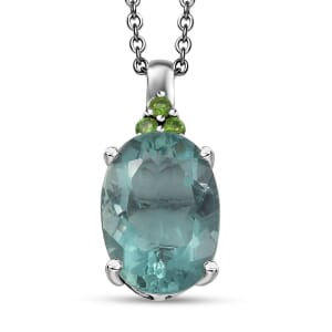 D'Joy Belgian Teal Fluorite and Chrome Diopside 6.90 ctw Pendant Necklace in Platinum Over Sterling Silver 20 Inches