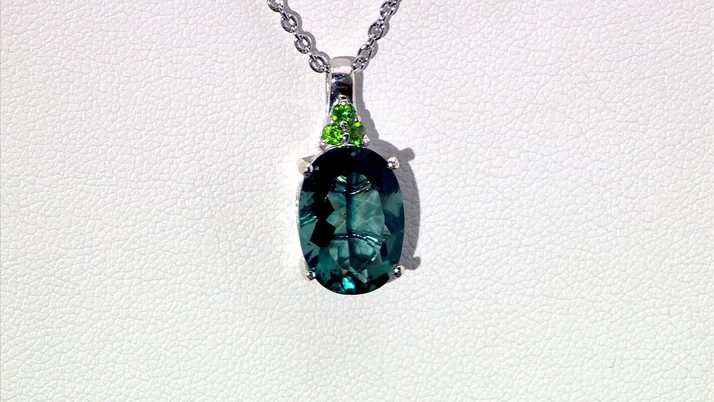 D'Joy Dean Teal Fluorite (IR) and Chrome Diopside Caribbean Bloom 6.90 ctw Pendant Necklace in Platinum Over Sterling Silver 20 Inches