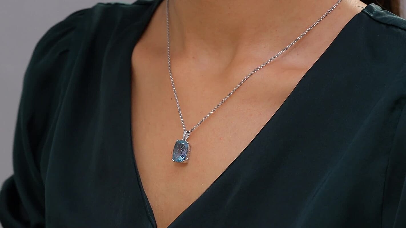 D'Joy Dean Teal Fluorite (IR) 7.60 ctw Ocean Depth Pendant Necklace 20 Inches in Platinum Over Sterling Silver