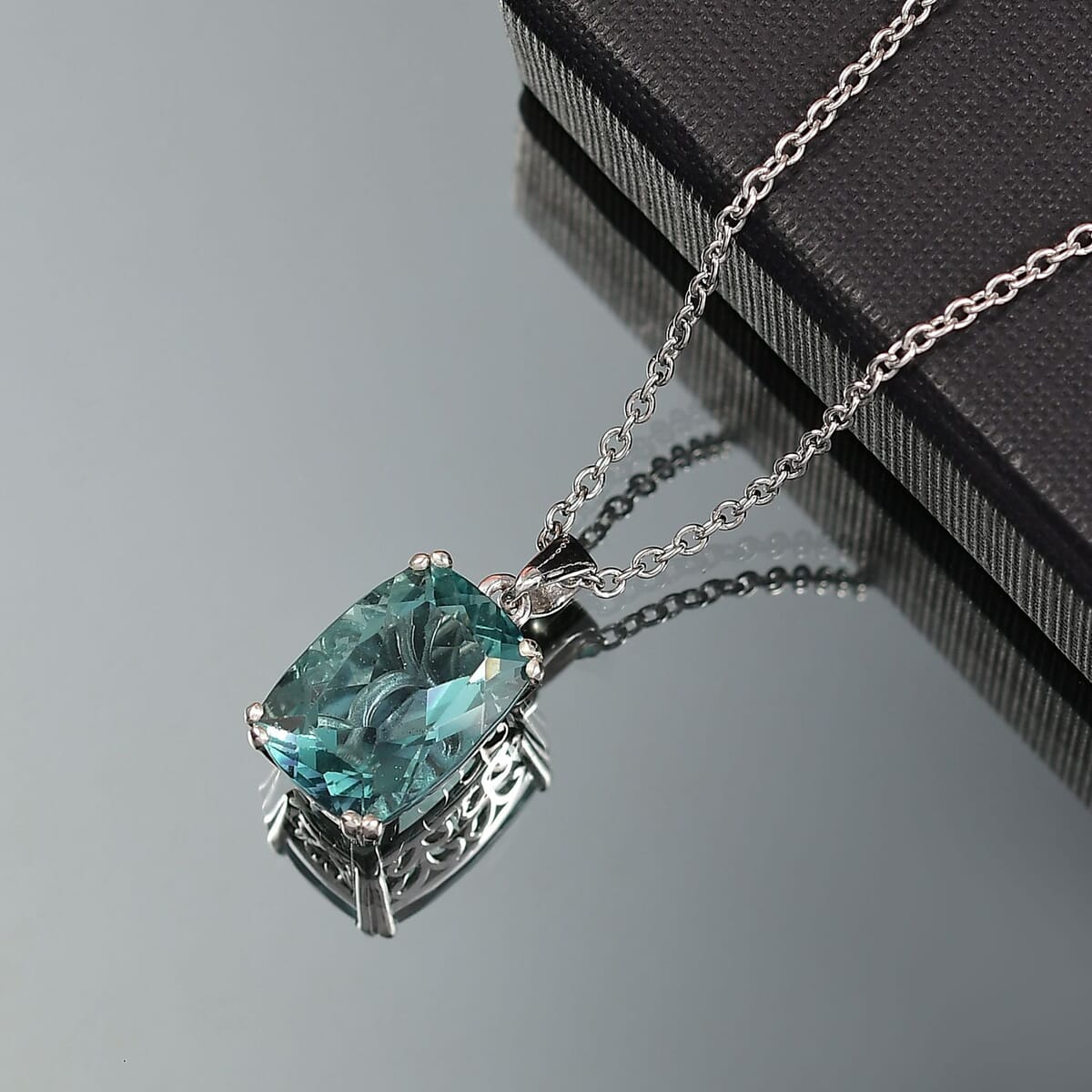 D'Joy Dean Teal Fluorite (IR) 7.00 ctw Ocean Depth Pendant Necklace 20 Inches in Platinum Over Sterling Silver image number 1