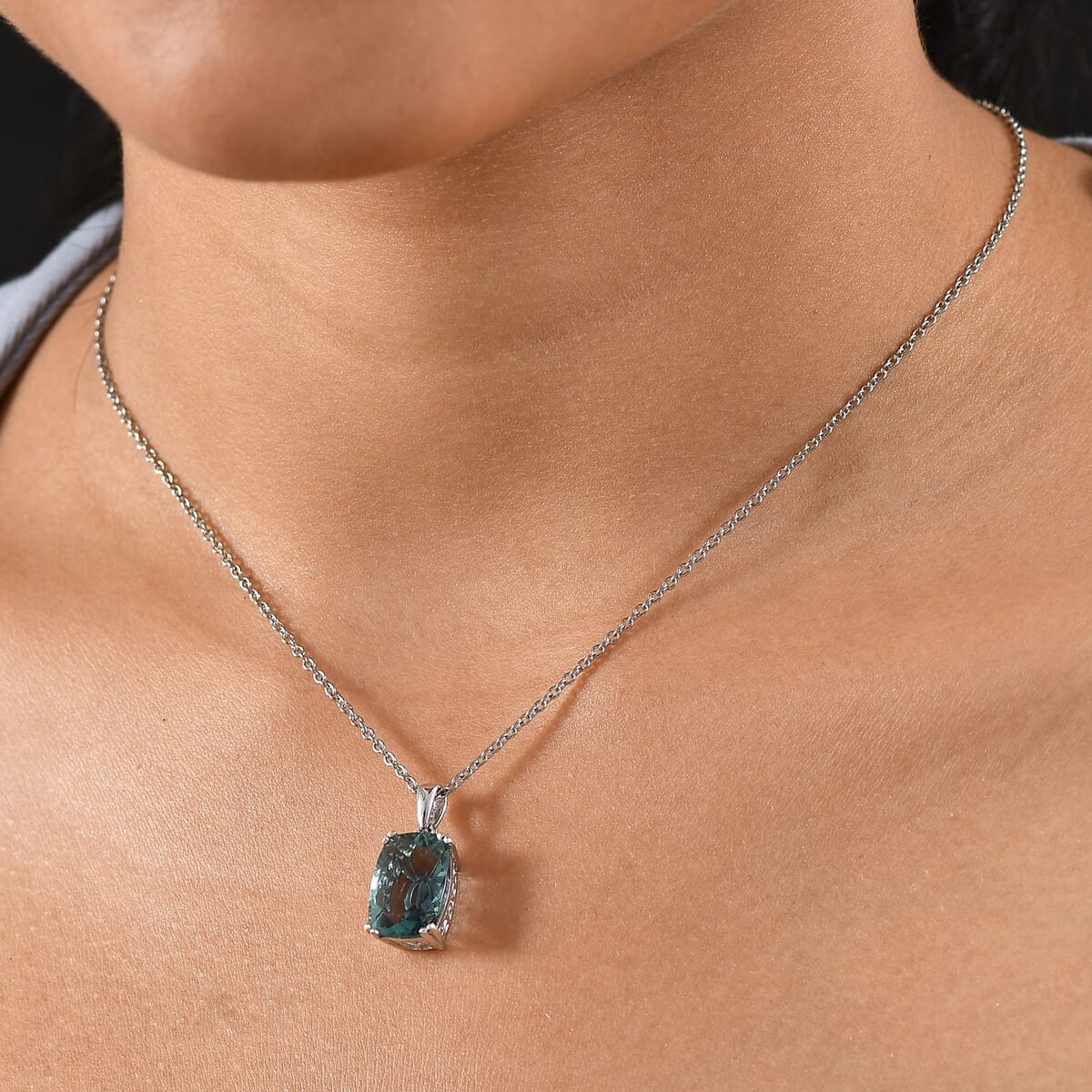 D'Joy Dean Teal Fluorite (IR) 7.00 ctw Ocean Depth Pendant Necklace 20 Inches in Platinum Over Sterling Silver image number 2