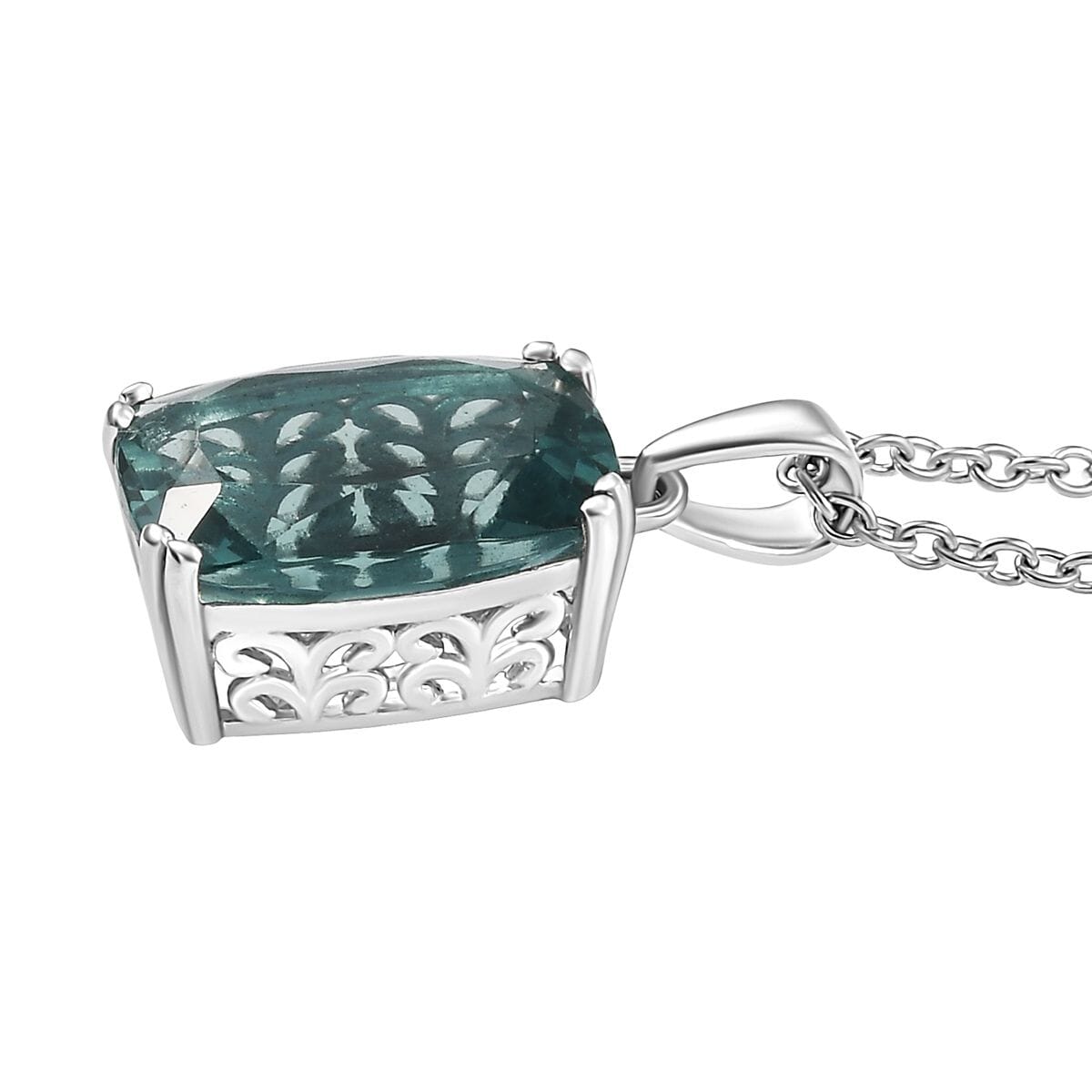 D'Joy Dean Teal Fluorite (IR) 7.00 ctw Ocean Depth Pendant Necklace 20 Inches in Platinum Over Sterling Silver image number 3