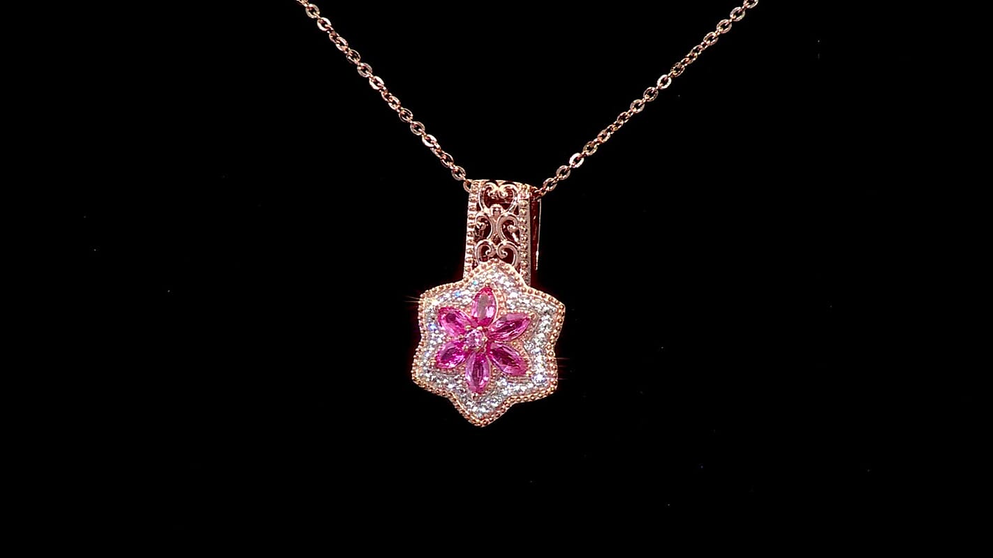 D'Joy Premium Mahenge Spinel and White Zircon 0.90 ctw Floral Regalia Pendant Necklace 20 Inches in 18K Vermeil Rose Gold Over Sterling Silver