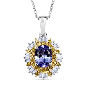 D'Joy Tanzanite, White and Yellow Diamond 1.70 ctw Pendant Necklace 20 Inches in Rhodium Over Sterling Silver