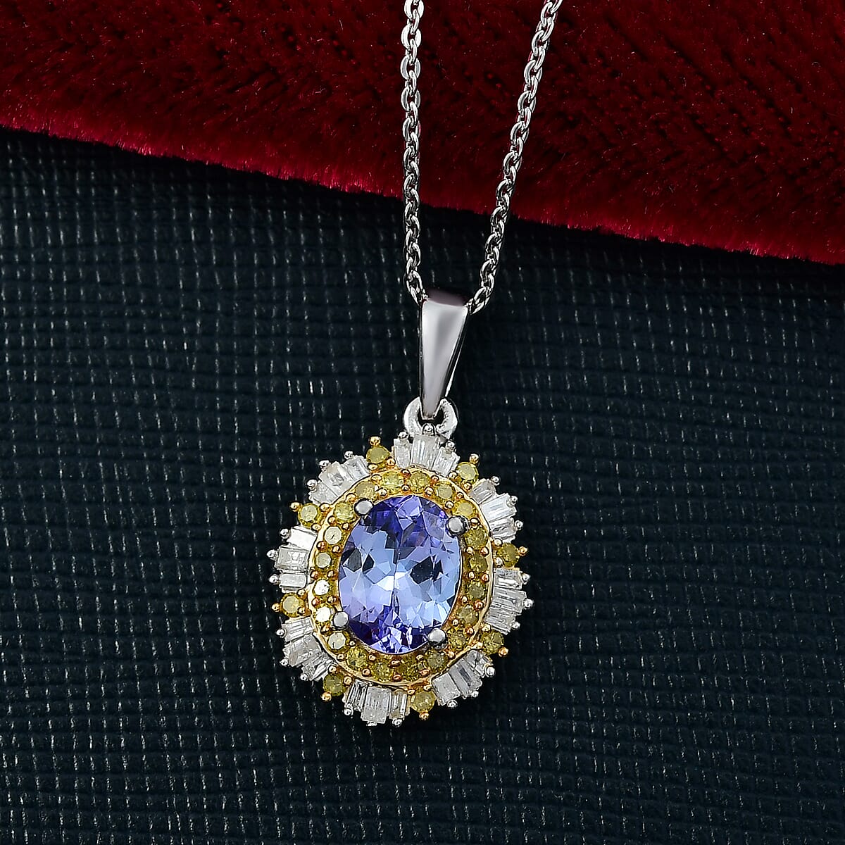 D'Joy Tanzanite, White and Yellow Diamond 1.70 ctw Pendant Necklace 20 Inches in Rhodium Over Sterling Silver image number 1