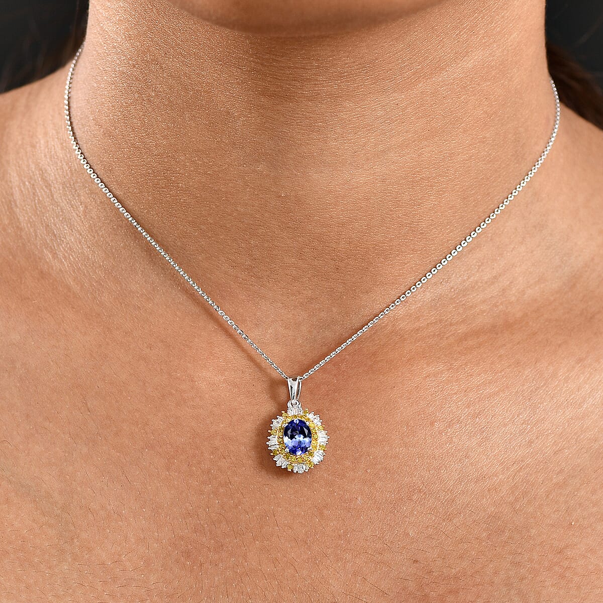 D'Joy Tanzanite, White and Yellow Diamond 1.70 ctw Pendant Necklace 20 Inches in Rhodium Over Sterling Silver image number 2