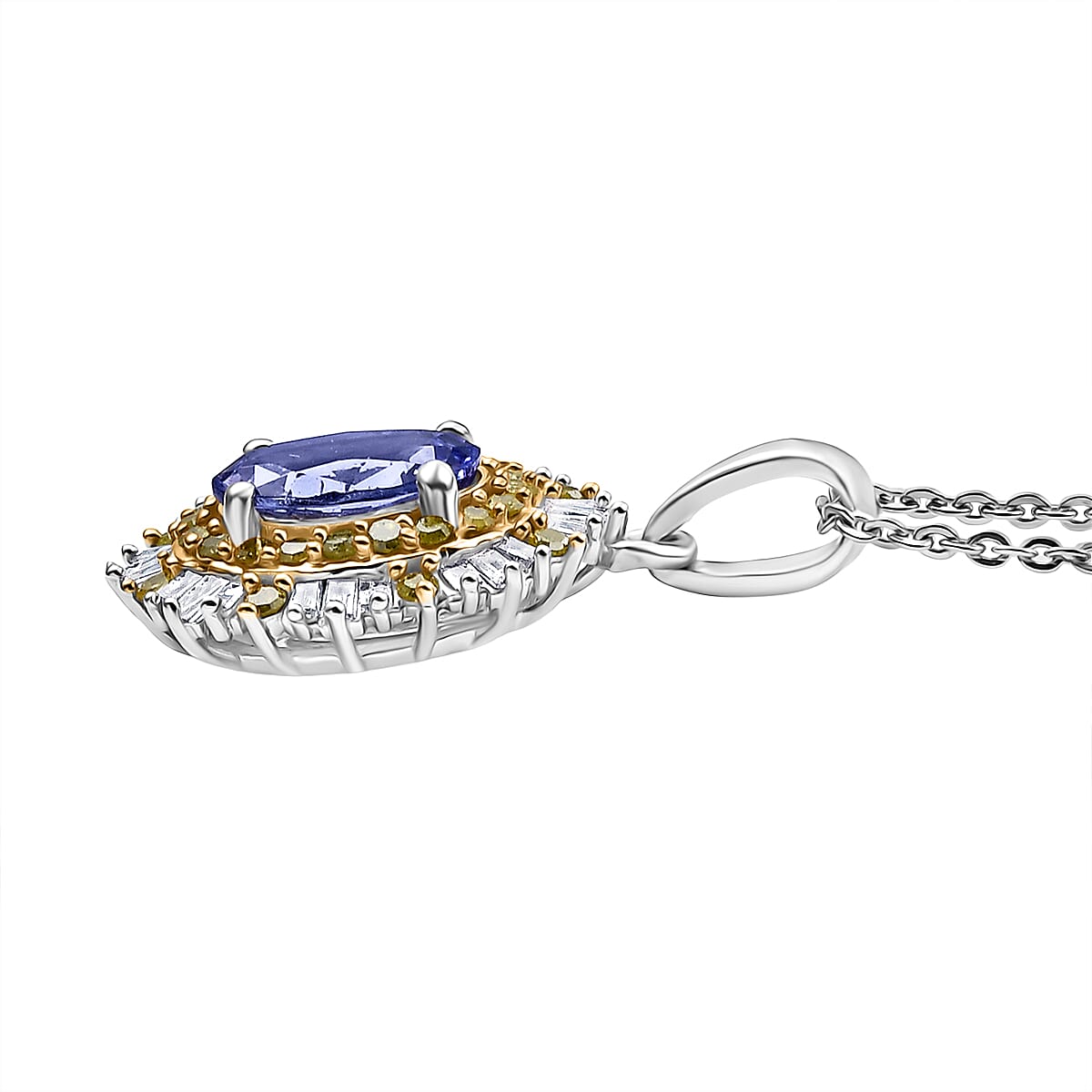 D'Joy Tanzanite, White and Yellow Diamond 1.70 ctw Pendant Necklace 20 Inches in Rhodium Over Sterling Silver image number 3