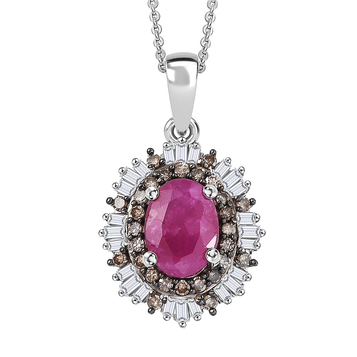 D'Joy Royal Ruby, Natural Champagne and White Diamond 2.15 ctw Pendant Necklace 20 Inches in Rhodium Over Sterling Silver  image number 0