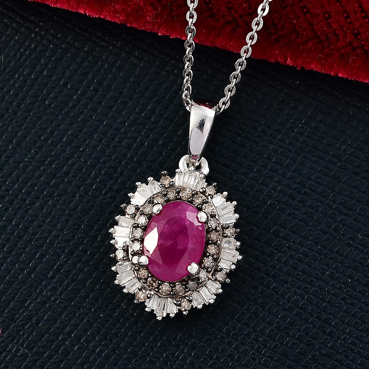 D'Joy Royal Ruby, Natural Champagne and White Diamond 2.15 ctw Pendant Necklace 20 Inches in Rhodium Over Sterling Silver  image number 1