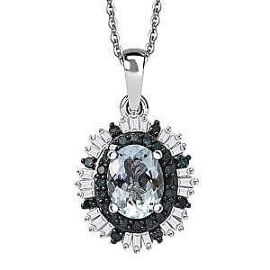 D'Joy Premium Aquamarine, Blue and White Diamond 1.50 ctw Pendant Necklace in Rhodium Over Sterling Silver 20 Inches