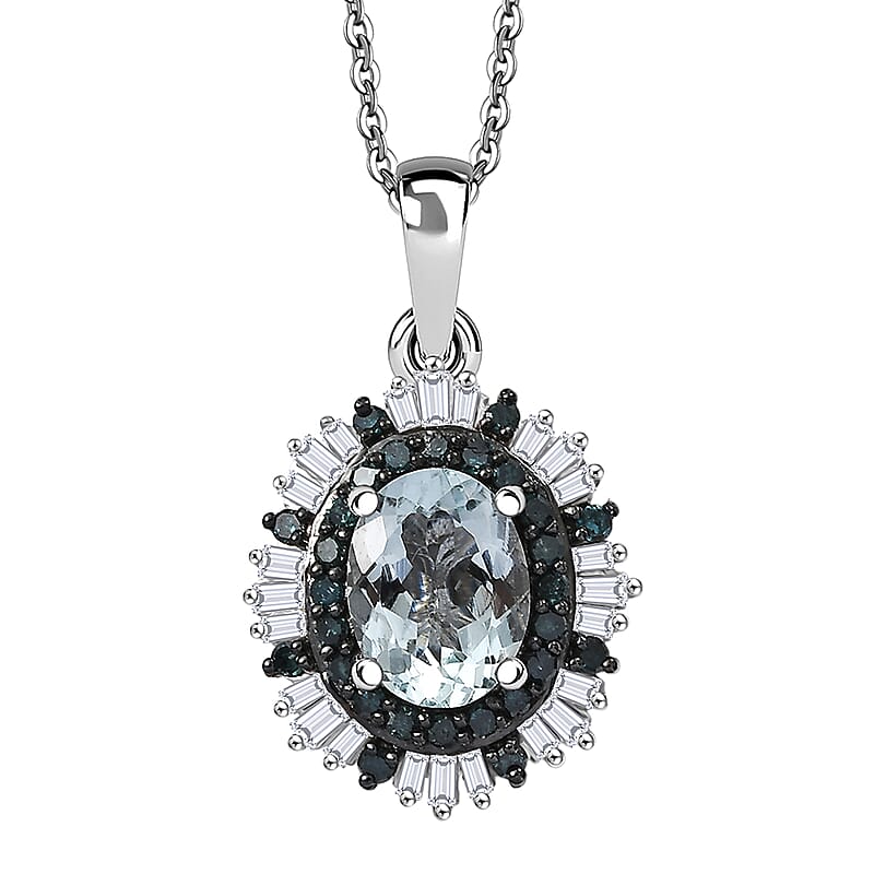 D'Joy Mangoro Aquamarine, Blue Diamond and Diamond Sunburst Pendant Necklace in Rhodium Over Sterling Silver 1.50 ctw (20 Inches)