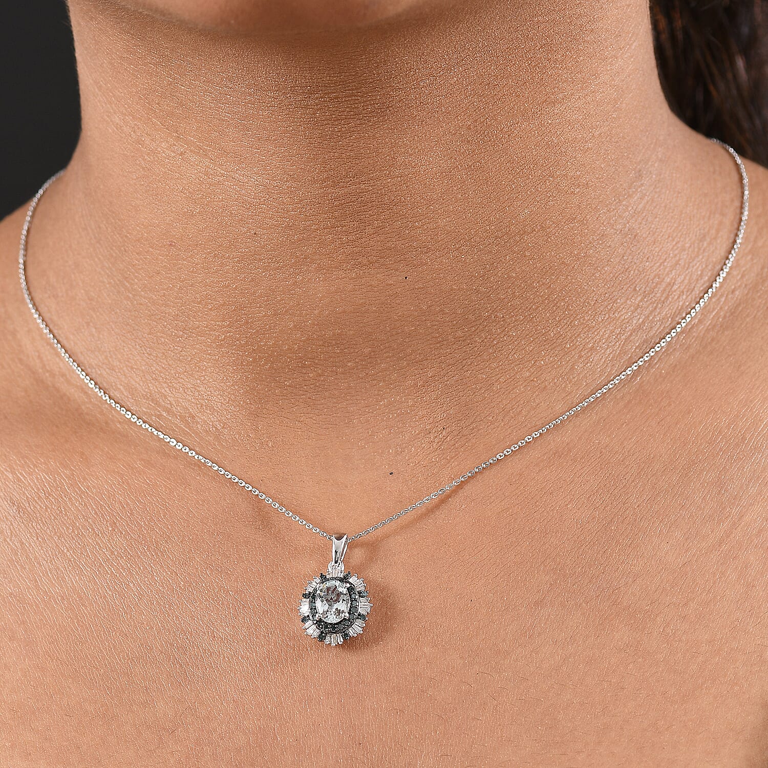 D'Joy Mangoro Aquamarine, Blue Diamond and Diamond Sunburst Pendant Necklace in Rhodium Over Sterling Silver 1.50 ctw (20 Inches)