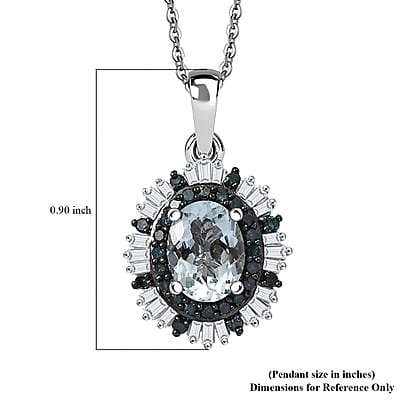 D'Joy Mangoro Aquamarine, Blue Diamond and Diamond Sunburst Pendant Necklace in Rhodium Over Sterling Silver 1.50 ctw (20 Inches)