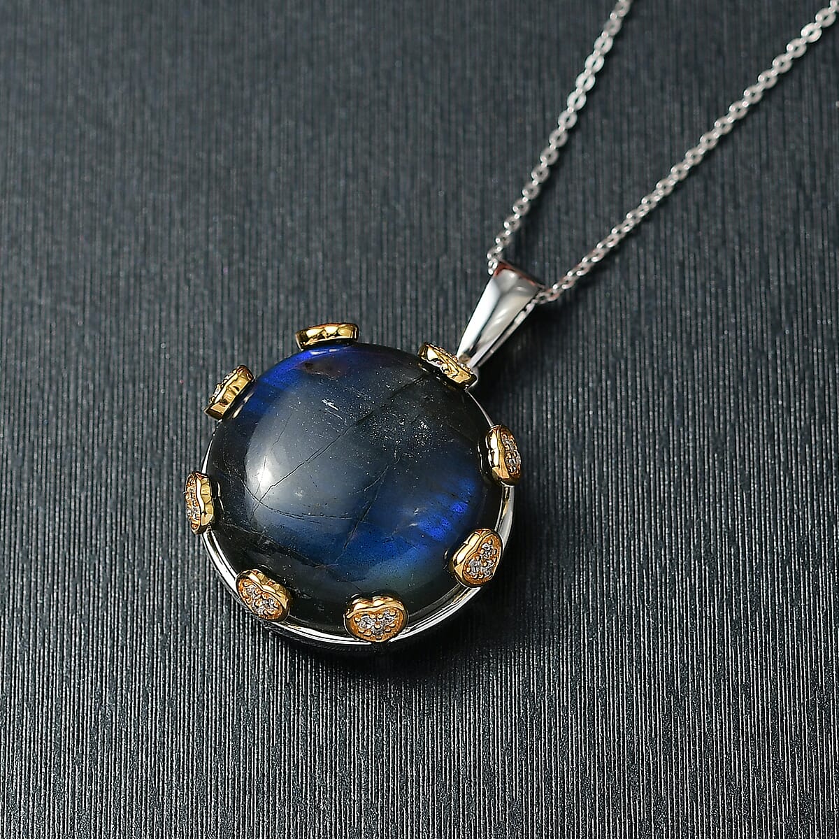 D'Joy AAA Malagasy Labradorite and White Zircon 24.35 ctw Pendant Necklace in 18K Vermeil YG and Rhodium Over Sterling Silver 20 Inches  image number 1