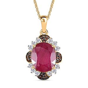 D'Joy African Ruby (FF), White Zircon and Red Diamond 7.65 ctw Pendant Necklace in 18K Vermeil Yellow Gold Over Sterling Silver 20 Inches 