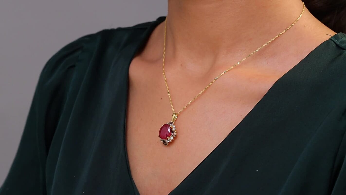 D'Joy African Ruby (FF), White Zircon and Red Diamond 7.65 ctw Pendant Necklace in 18K Vermeil Yellow Gold Over Sterling Silver 20 Inches