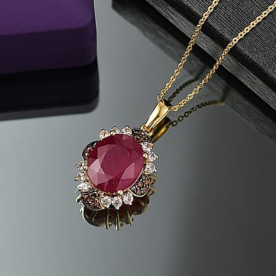 D'Joy African Ruby (FF), White Zircon and Red Diamond 7.65 ctw Pendant Necklace in 18K Vermeil Yellow Gold Over Sterling Silver 20 Inches 