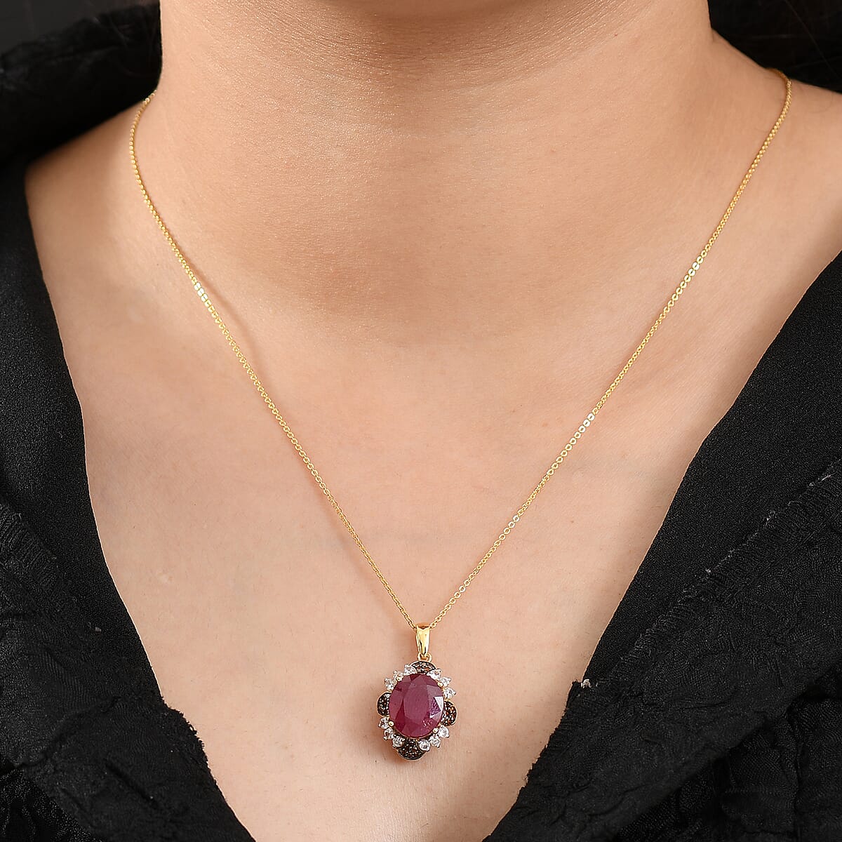 D'Joy African Ruby (FF), White Zircon and Red Diamond 7.65 ctw Pendant Necklace in 18K Vermeil Yellow Gold Over Sterling Silver 20 Inches  image number 2