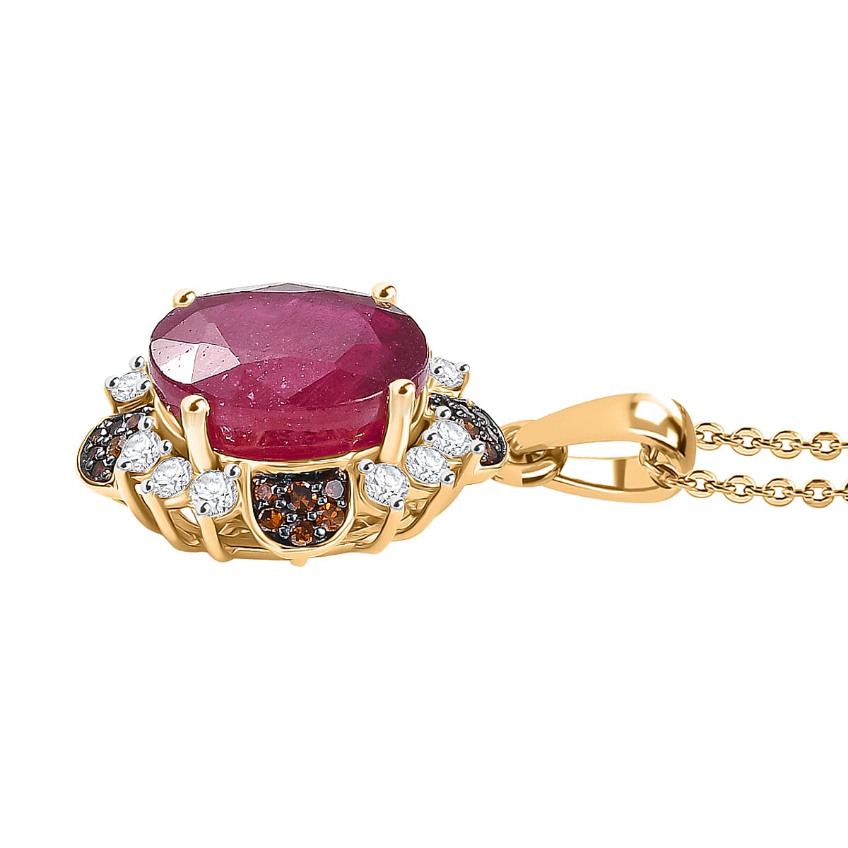 D'Joy African Ruby (FF), White Zircon and Red Diamond 7.65 ctw Pendant Necklace in 18K Vermeil Yellow Gold Over Sterling Silver 20 Inches  image number 3